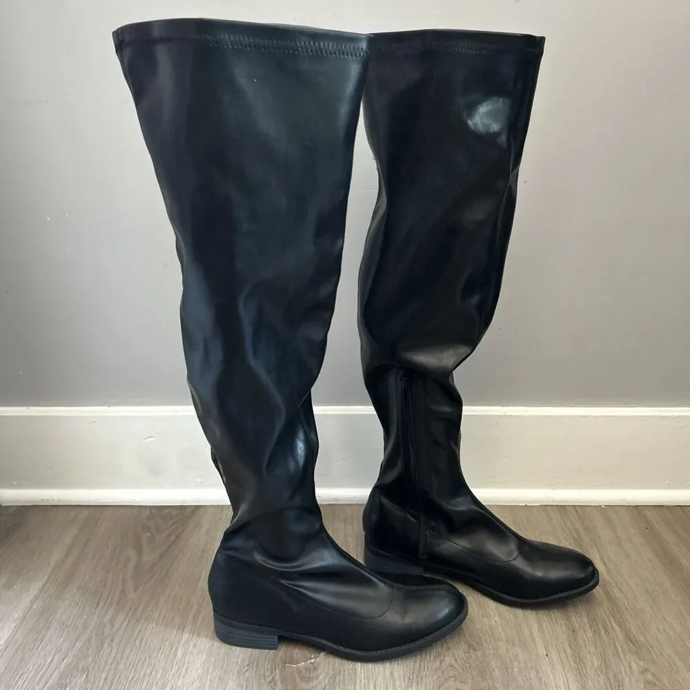 Allegra K Thigh High Boots Womens 9 Black Low Block Heel Over Knee Ankle Zip